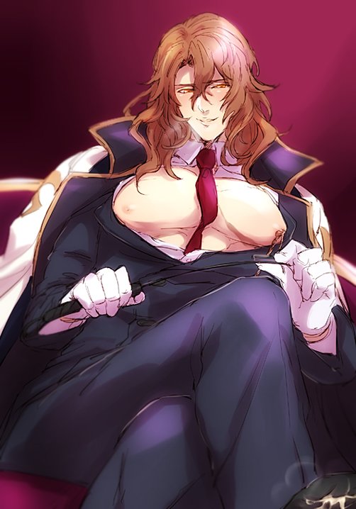 1boy breath brown_hair detached_collar formal gloves granblue_fantasy jacket_on_shoulders legs_crossed long_hair male_focus naughty_face necktie nipples open_clothes open_shirt pectorals purple_background red_necktie riding_crop shirt siegfried_(granblue_fantasy) sitting siwomi suit the_dragon_knights wavy_hair white_gloves