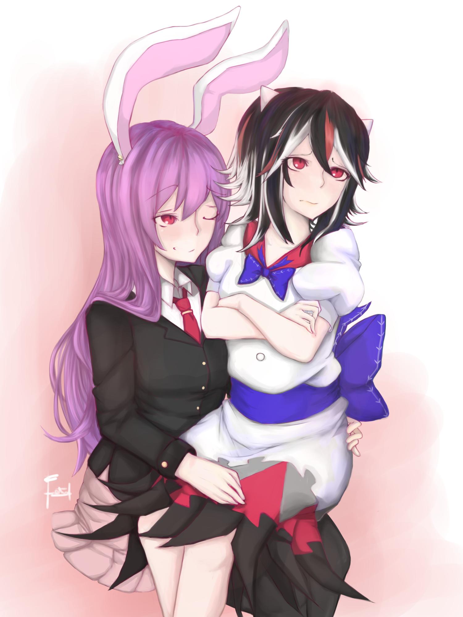 2girls animal_ears annoyed black_hair blazer blue_bow bow commentary crossed_arms directional_arrow fatuus hand_on_another's_hip hand_on_another's_leg highres horns jacket kijin_seija lavender_hair long_hair long_sleeves looking_at_another looking_away multicolored_hair multiple_girls necktie one_eye_closed pleated_skirt puffy_short_sleeves puffy_sleeves purple_hair rabbit_ears red_eyes red_necktie redhead reisen_udongein_inaba sash short_sleeves signature sitting sitting_on_lap sitting_on_person skirt smile streaked_hair thigh-highs touhou very_long_hair white_hair