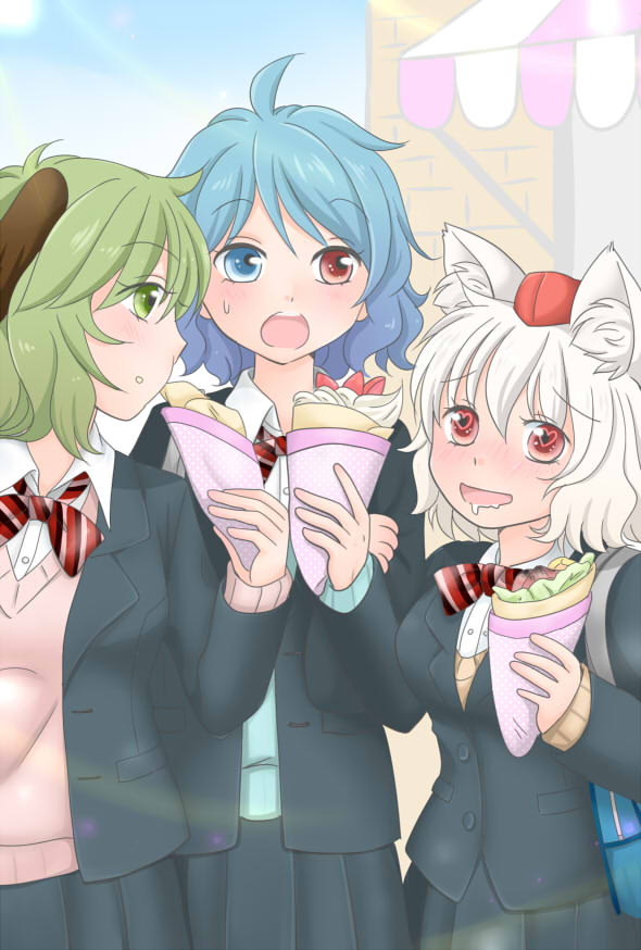 3girls :d :o alternate_costume animal_ears blue_eyes blue_hair blush bow bowtie contemporary crepe day dog_ears drooling eating eyebrows_visible_through_hair food food_on_face green_eyes green_hair hand_on_another's_arm hand_up hands_up hat heterochromia holding holding_food inubashiri_momiji jacket kasodani_kyouko long_sleeves looking_at_another multiple_girls open_clothes open_jacket open_mouth outdoors red_eyes school_uniform shirt skirt smile sweatdrop sweater tatara_kogasa tokin_hat touhou upper_body white_hair wing_collar wolf_ears yuri yuzuna99