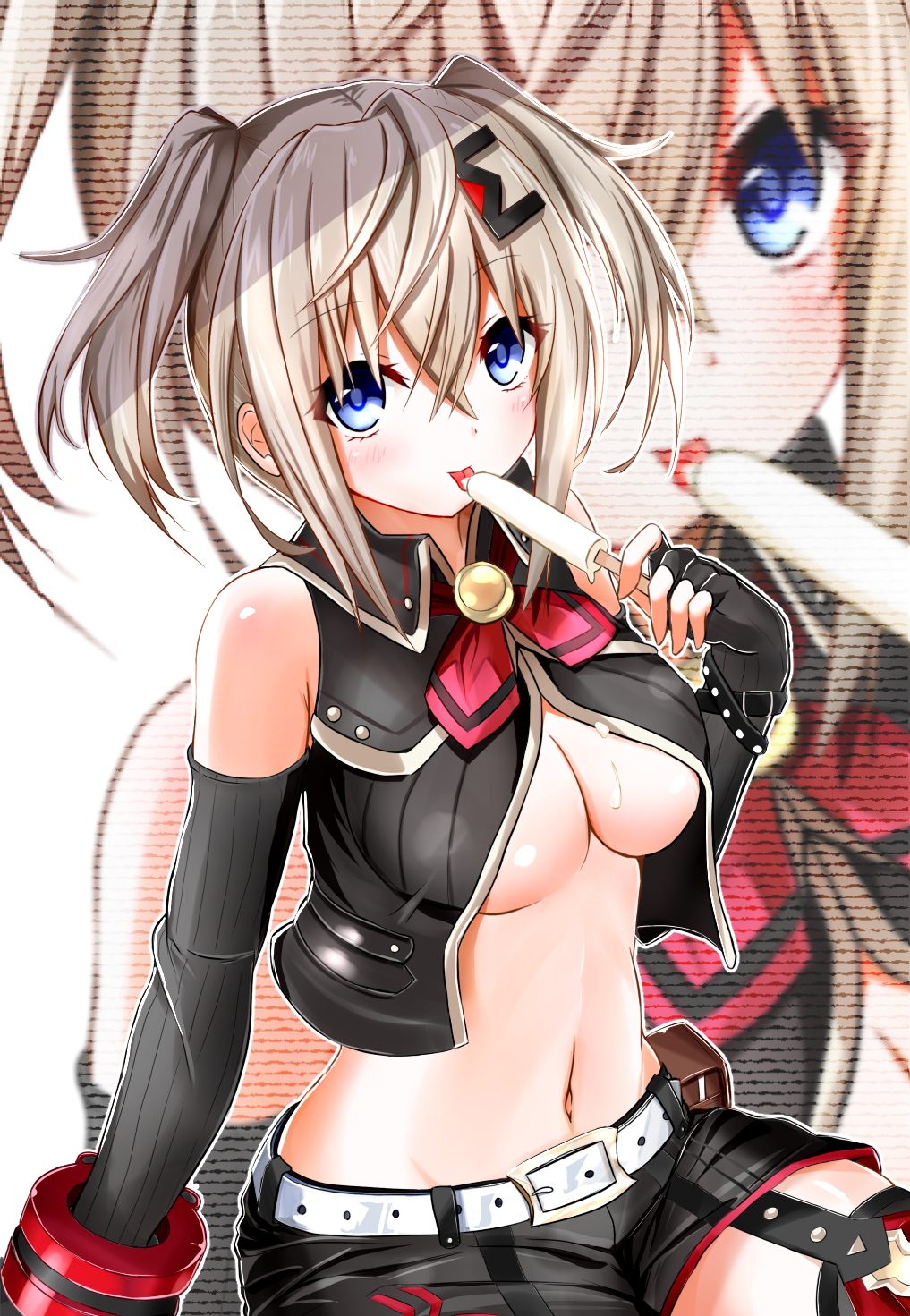 1girl bare_shoulders blonde_hair blue_eyes blush breasts choujigen_game_neptune cleavage cowboy_shot eating elbow_gloves ex_idol fingerless_gloves food gloves god_eater god_eater_(choujigen_game_neptune) hair_ornament highres ice_cream looking_at_viewer medium_breasts midriff neptune_(series) shin_jigen_game_neptune_vii shorts smile solo tied_hair tongue tongue_out twintails under_boob