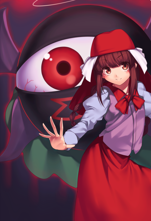 1girl blush braid brown_eyes brown_hair evil_eye_sigma halo hat kaiza_(rider000) one-eyed rika_(touhou) shirt skirt smile touhou touhou_(pc-98) twin_braids vest wings