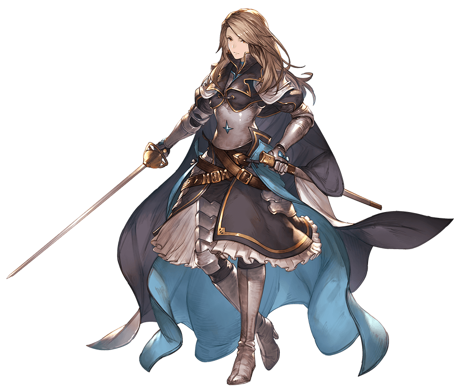 1girl armor belt boots brown_eyes brown_hair cape catalina_(granblue_fantasy) frills full_body gauntlets gloves granblue_fantasy holding holding_weapon knee_boots long_hair looking_at_viewer minaba_hideo official_art pauldrons ribbon sheath shoulder_armor shoulder_pads solo standing sword transparent_background weapon
