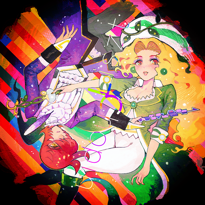 1boy 1girl akutsumi baton black_boots blonde_hair boots breasts brown_eyes character_name classicaloid cleavage earrings eyeshadow female franz_liszt_(classicaloid) frederic_chopin_(classicaloid) genderswap genderswap_(mtf) grey_pants hair_intakes hair_over_one_eye hat jewelry long_hair looking_at_viewer makeup male pants parted_lips purple_clothes quill redhead upside-down yellow_eyes