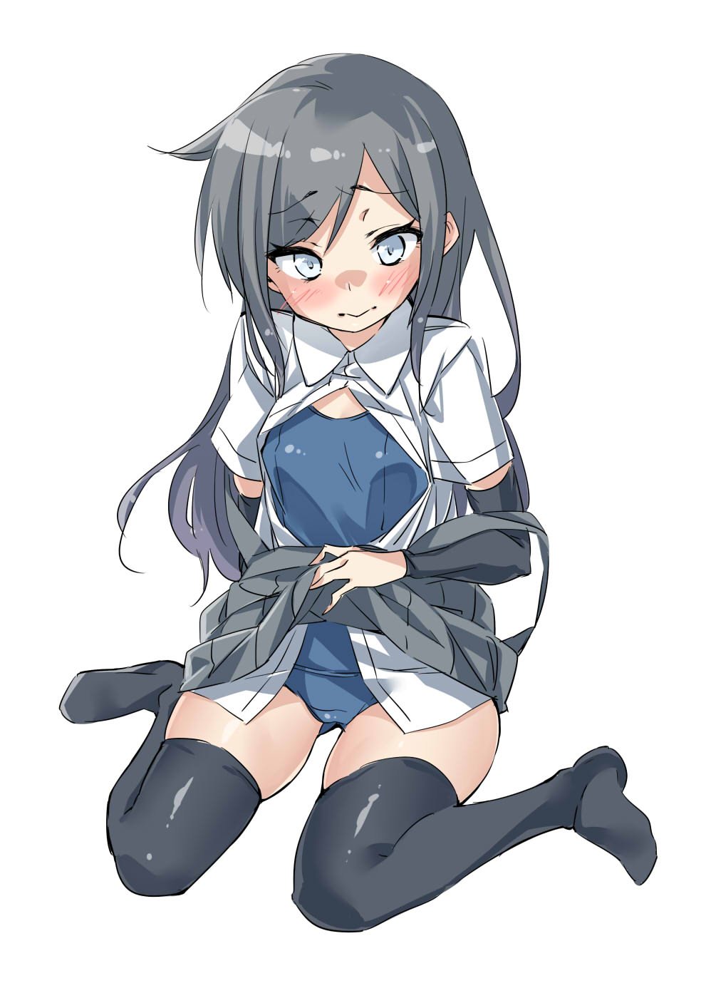 1girl arm_warmers asashio_(kantai_collection) bangs black_hair black_legwear black_skirt blue_eyes blush closed_mouth collared_shirt ebifurya eyebrows_visible_through_hair full_body gluteal_fold highres kantai_collection lifted_by_self long_hair looking_at_viewer no_shoes off_shoulder open_clothes open_shirt pleated_skirt school_swimsuit shirt short_sleeves sidelocks simple_background sitting skirt skirt_lift solo suspender_skirt suspenders swimsuit swimsuit_under_clothes thigh-highs wariza white_background white_shirt