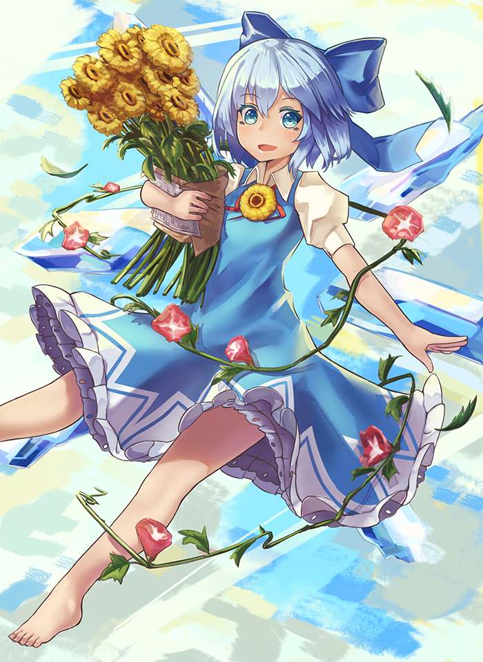 barefoot blue_bow blue_dress blue_eyes blue_hair bow cirno dress flower hidden_star_in_four_seasons holding ice ice_wings natori_youkai plant sky sunflower tan touhou vines wings