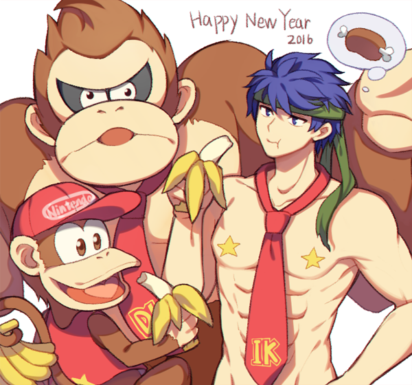 2016 3boys animal banana blue_hair censored diddy_kong donkey_kong donkey_kong_(series) fire_emblem fire_emblem:_akatsuki_no_megami fire_emblem:_souen_no_kiseki food fruit gorilla happy_new_year hat ike looking_at_viewer male_focus monkey necktie no_nipples nude short_hair star super_smash_bros. white_background wusagi2