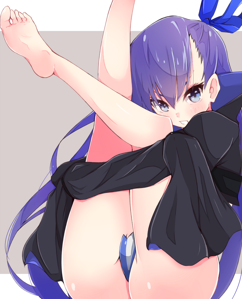 1girl bare_legs barefoot blue_eyes blue_ribbon crotch_plate enelis fate/extra fate/extra_ccc fate_(series) hair_ribbon long_hair long_sleeves meltlilith purple_hair revealing_clothes ribbon sleeves_past_wrists solo very_long_hair