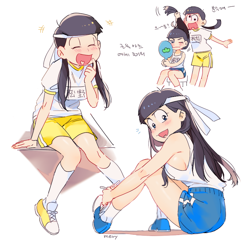 2girls ^_^ black_hair breasts brown_eyes closed_eyes genderswap genderswap_(mtf) gym_uniform hand_mirror headband heart heart_in_mouth korean low_twintails matsuno_juushimatsu matsuno_karamatsu mery_(apfl0515) mirror multiple_girls one_eye_closed open_mouth osomatsu-kun osomatsu-san shorts siblings sideboob sisters smile translation_request twintails wall-eyed