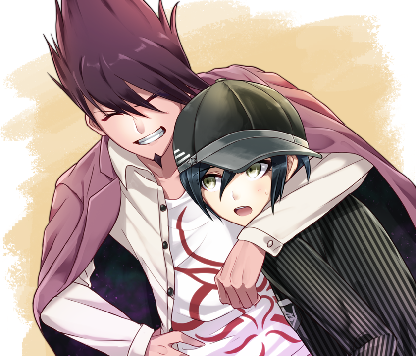 2boys arm_around_shoulder baseball_cap blue_hair closed_eyes dangan_ronpa facial_hair gakuran goatee hand_on_hip hat jacket_on_shoulders male_focus momota_kaito multiple_boys new_dangan_ronpa_v3 pinstripe_pattern purple_hair saihara_shuuichi school_uniform smile space_print spiky_hair starry_sky_print striped utou_(utousan)