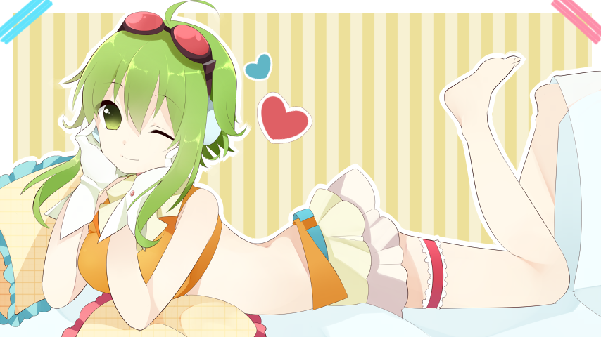 1girl ahoge aqua_belt arm_support artist_request back bangs bare_arms bare_back bare_legs bare_shoulders barefoot bed_sheet belt breasts closed_mouth commentary_request crop_top eyebrows_visible_through_hair feet feet_up frilled_pillow frills from_side full_body gloves goggles goggles_on_head green_eyes green_hair gumi hair_between_eyes hands_on_own_face head_rest headset heart layered_skirt leg_garter looking_at_viewer looking_to_the_side lying medium_breasts miniskirt no_pupils on_stomach one_eye_closed orange_shirt orange_skirt outline outside_border parted_bangs pillow raised_eyebrows see-through shiny shiny_hair shirt short_hair_with_long_locks sidelocks simple_background skirt sleeveless sleeveless_shirt smile solo stomach striped tape the_pose unmoving_pattern vertical-striped_background vertical_stripes vocaloid white_border white_gloves white_outline