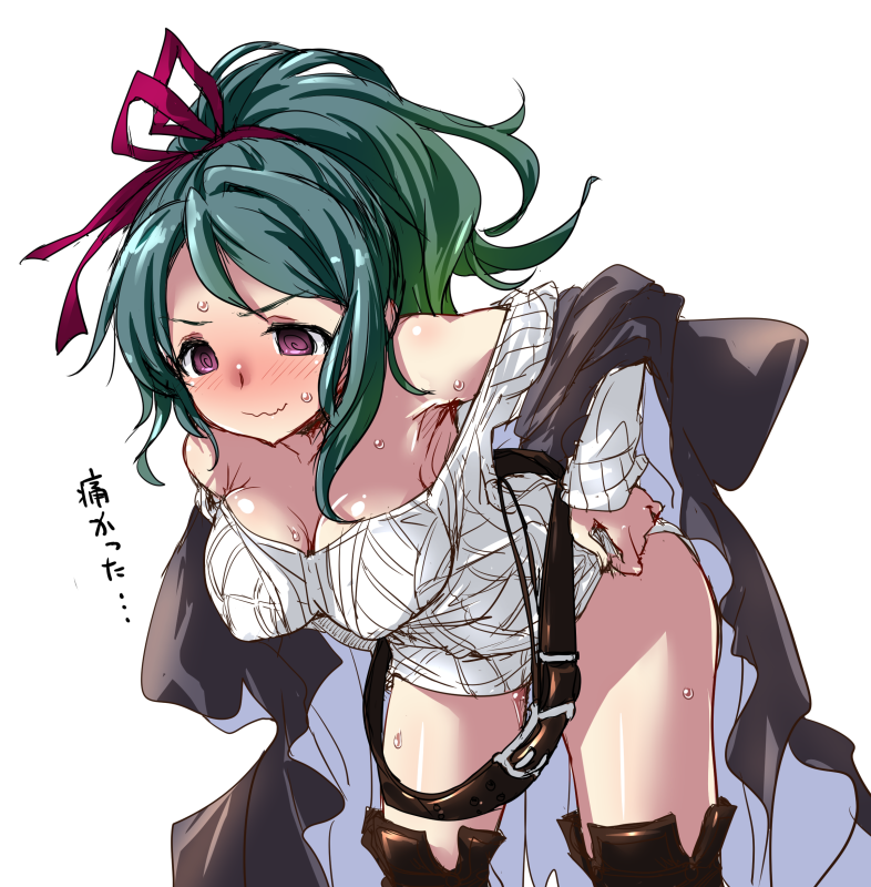 1girl @_@ bare_shoulders belt belt_buckle blush boots breasts buckle cleavage collarbone commentary_request dress erect_nipples granblue_fantasy green_hair hair_ribbon herja hirowa_nagi leaning_forward long_hair medium_breasts off_shoulder ponytail ribbon simple_background solo sweat sweater sweater_dress thigh-highs thigh_boots violet_eyes