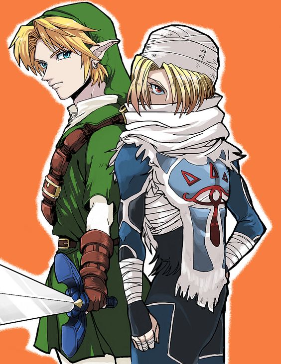 1boy 1girl androgynous artist_request blonde_hair blue_eyes hat link mask master_sword pointy_ears red_eyes reverse_trap sheik sword the_legend_of_zelda the_legend_of_zelda:_ocarina_of_time weapon