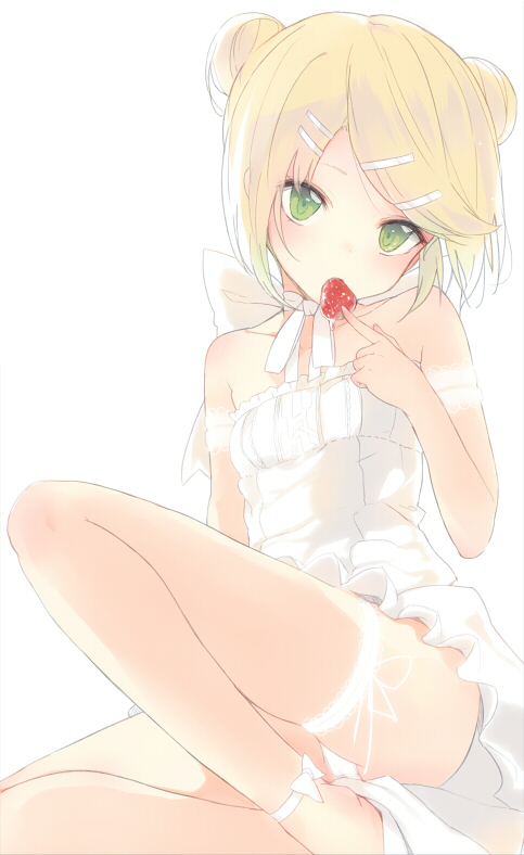 1girl bangs bare_shoulders blonde_hair blush collarbone double_bun dress food food_in_mouth fruit green_eyes hair_ornament hairclip kojiki-life looking_at_viewer original ribbon short_hair simple_background sitting solo strawberry swept_bangs thigh_ribbon thighs white_background white_dress white_ribbon