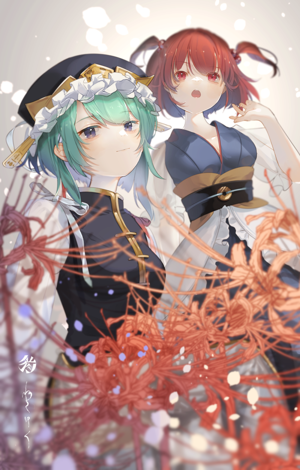 2girls alternate_eye_color bangs black_headwear black_sash black_vest blue_kimono breasts brown_sash closed_mouth coin_on_string cowboy_shot eyebrows_visible_through_hair flower frilled_hat frills green_hair hair_bobbles hair_ornament hat highres japanese_clothes kimono large_breasts long_sleeves looking_at_viewer medium_breasts multiple_girls nekoniku_(neko_1013) obi onozuka_komachi open_mouth red_eyes red_flower redhead sash shiki_eiki shirt short_hair spider_lily symbol-only_commentary touhou two_side_up vest violet_eyes white_shirt