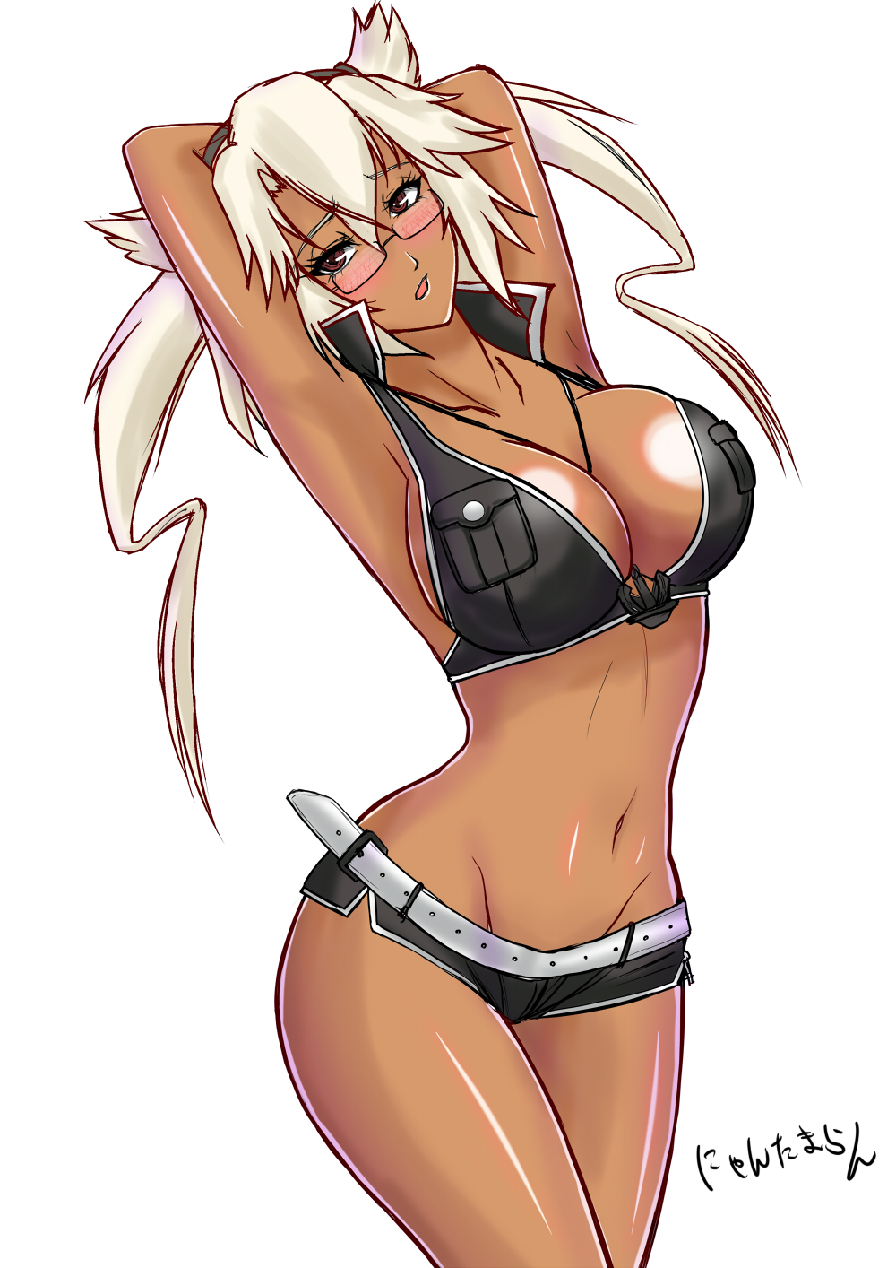 1girl anchor_necklace armpits arms_behind_head arms_up belt black_bikini_top black_shorts blonde_hair blush breast_pocket breasts brown_eyes cleavage collarbone cowboy_shot dark_skin dress glasses groin hair_between_eyes highres kantai_collection large_breasts looking_at_viewer musashi_(kantai_collection) navel nyantamaran parted_lips platinum_blonde pocket pointy_hair semi-rimless_glasses short_dress short_hair_with_long_locks shorts sideboob solo stomach two_side_up under-rim_glasses