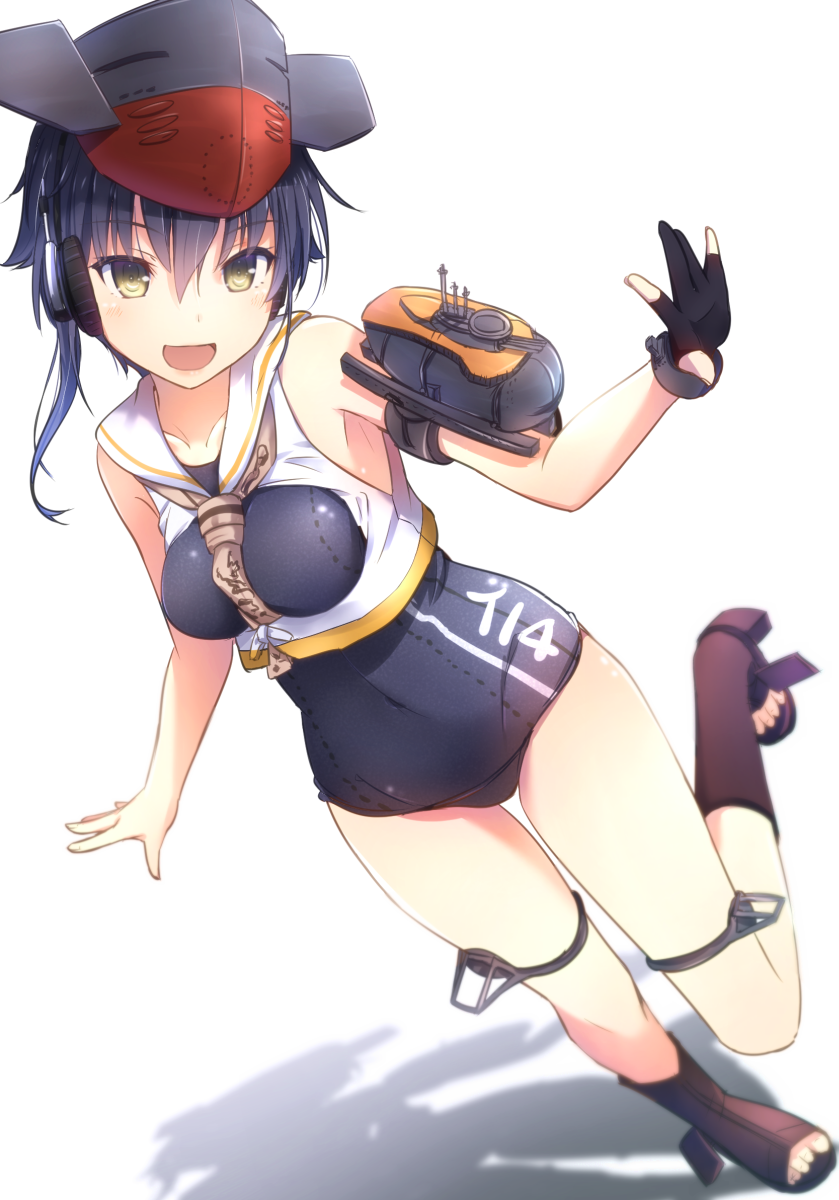 1girl black_hair brown_eyes cuon_(kuon) gloves hat highres i-14_(kantai_collection) kantai_collection looking_at_viewer open_mouth school_swimsuit short_hair single_glove smile swimsuit