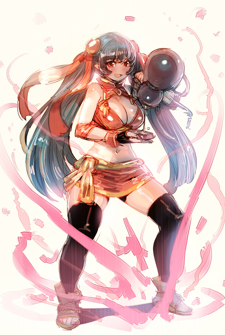 1girl :d bangs bare_shoulders black_gloves black_legwear blue_hair blush bow_(bhp) breasts cleavage cleavage_cutout cup double_bun fingerless_gloves full_body gloves gourd large_breasts long_hair looking_at_viewer miniskirt navel open_mouth original pointy_ears pouring red_eyes sakazuki sandals skirt smile solo stomach thigh-highs twintails very_long_hair