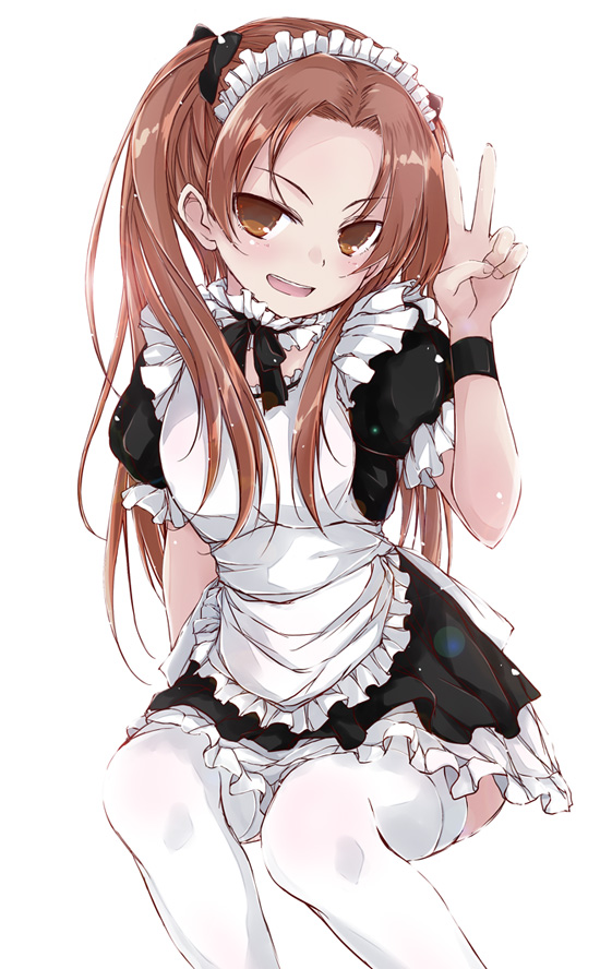 10s 1girl alternate_costume apron bow brown_eyes brown_hair choker commentary_request enmaided frilled_choker frilled_sleeves frills girls_und_panzer hair_bow kadotani_anzu long_hair maid maid_apron maid_headdress open_mouth puffy_short_sleeves puffy_sleeves short_sleeves simple_background sitting smile solo thigh-highs twintails v white_background white_legwear yumesato_makura