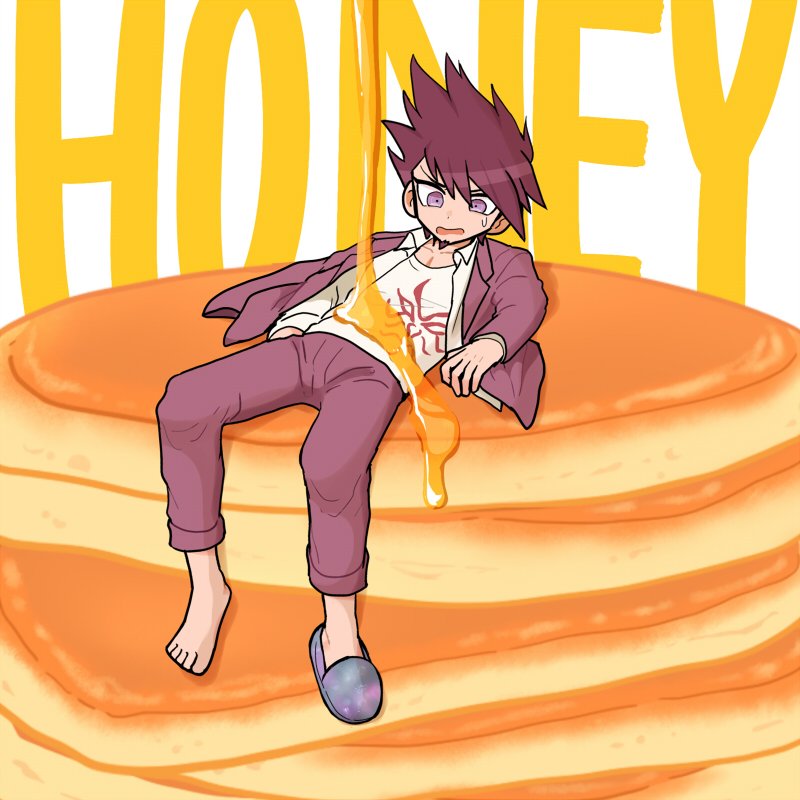 1boy barefoot beard facial_hair feet food full_body goatee honey jacket jacket_on_shoulders male_focus momota_kaito open_mouth pancake pants purple_hair school_uniform shirt short_hair simple_background slippers slippers_removed smile spiky_hair violet_eyes wet wet_clothes