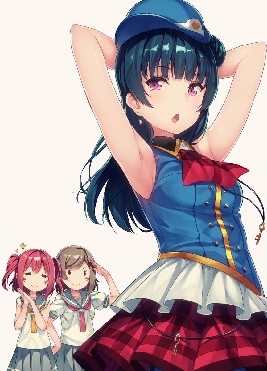 &gt;:) 3girls :o =_= armpits arms_behind_head ascot bangs beige_background blue_hair blush_stickers buttons collared_shirt commentary_request double-breasted earrings female_service_cap grey_hair hand_on_hip hands_together happy_party_train highres jewelry key_necklace kurosawa_ruby long_hair love_live! love_live!_sunshine!! multiple_girls pleated_skirt purple_eyes red_hair salute school_uniform serafuku shirt short_hair short_sleeves side_bun simple_background siva_(executor) skirt sleeveless smile sparkle tie_clip tsushima_yoshiko two_side_up watanabe_you