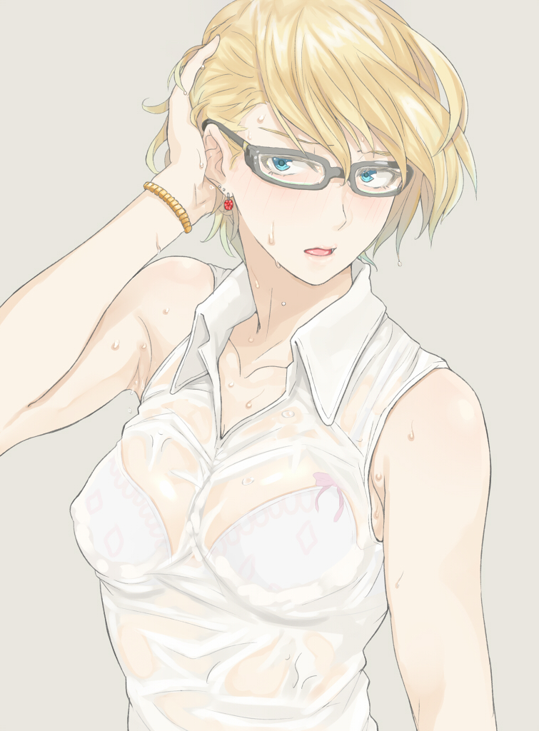 1girl arm_up black-framed_eyewear black-framed_glasses blonde_hair blue_eyes bra bracelet collarbone earrings glasses hand_in_hair jewelry ogros original parted_lips see-through shirt short_hair sleeveless sleeveless_shirt solo sweat sweating_profusely underwear wet wet_clothes wet_shirt white_bra