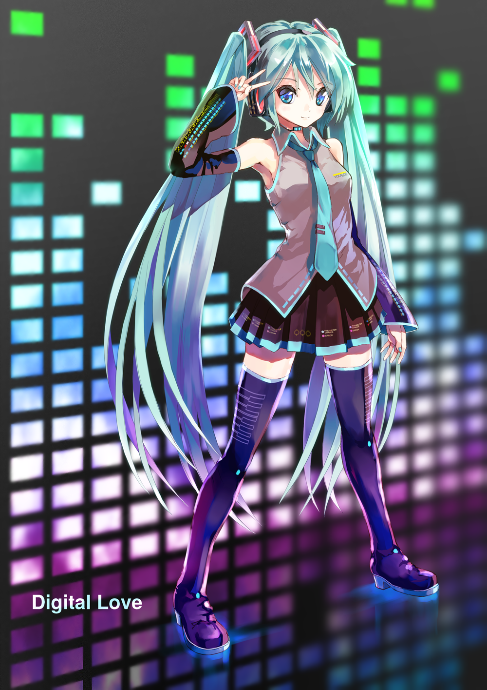 1girl aqua_hair blue_eyes boots detached_sleeves full_body hatsune_miku headset highres long_hair looking_at_viewer nail_polish necktie skirt solo takepon1123 thigh-highs thigh_boots twintails v very_long_hair vocaloid