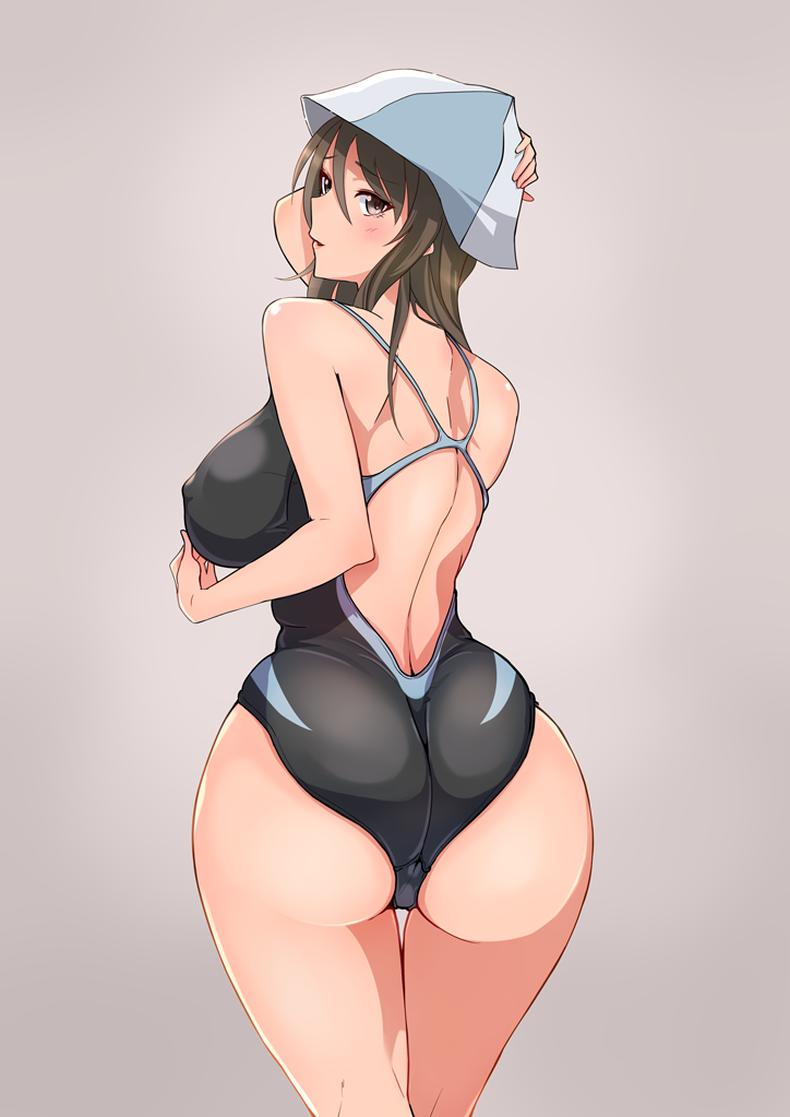 10s ass bare_back black_swimsuit breasts brown_eyes brown_hair curvy erect_nipples girls_und_panzer large_breasts long_hair looking_at_viewer looking_back mika_(girls_und_panzer) parted_lips pink_background smile swimsuit thigh_gap thighs webslinger wide_hips