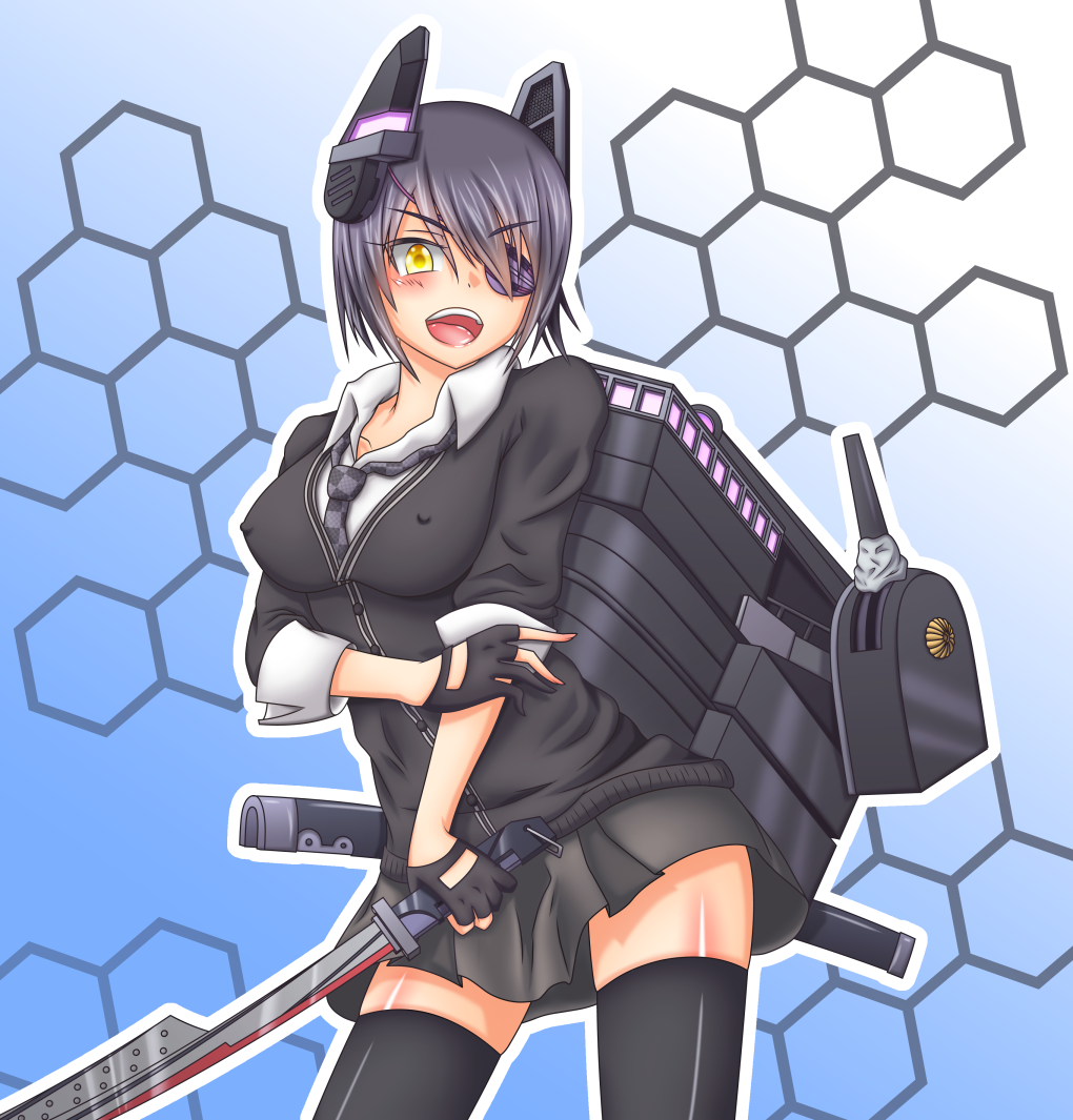 &gt;:d 1girl :d black_hair black_legwear black_skirt blush breasts cardigan checkered checkered_necktie erect_nipples eyepatch gloves headgear holding holding_sword holding_weapon joker_(bake-monogatari) kantai_collection looking_at_viewer machinery medium_breasts miniskirt necktie one_eye_covered open_mouth partly_fingerless_gloves scabbard school_uniform sheath short_hair skirt smile solo sword tenryuu_(kantai_collection) thigh-highs turret weapon yellow_eyes