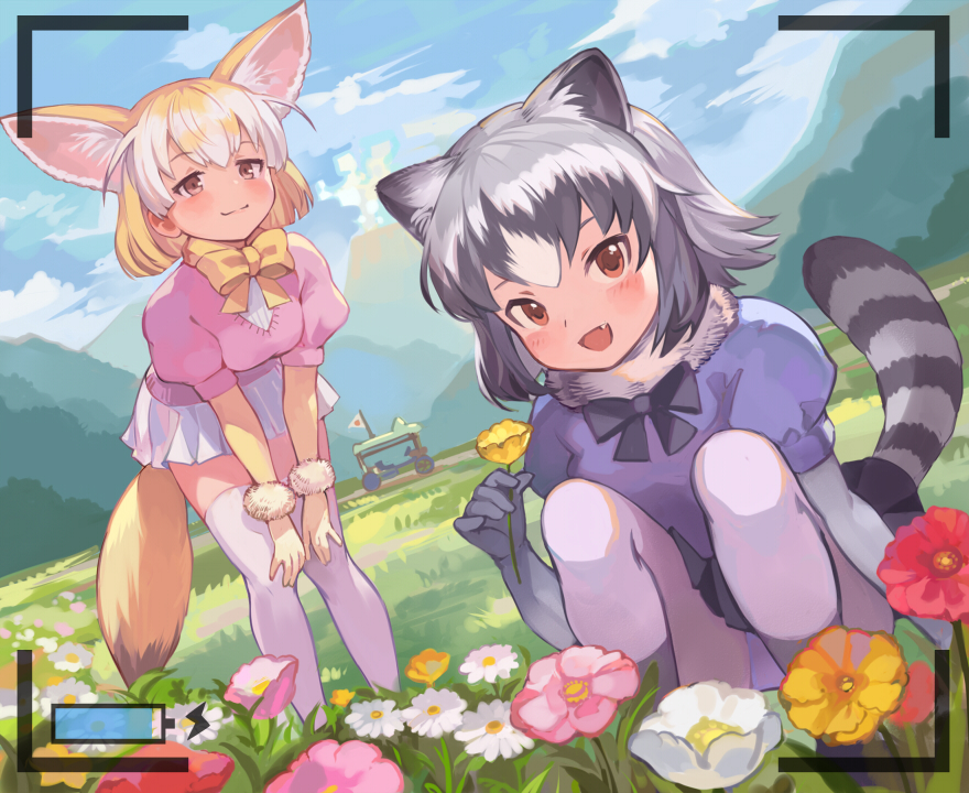 2girls :d animal_ears battery bent_over black_bow black_skirt blonde_hair blue_sky blush bow bowtie breasts brown_eyes camera common_raccoon_(kemono_friends) day dress fang fennec_(kemono_friends) flower fox_ears fox_tail fur_collar gradient_hair grass grey_hair half-closed_eyes hill kemono_friends leaning_forward looking_at_viewer medium_breasts mountain multicolored_hair multiple_girls nature open_mouth panties pantyhose pantyshot pantyshot_(sitting) pepeto_(cocoyuzumugi) pleated_dress raccoon_ears raccoon_tail sandstar short_hair skirt sky smile squatting standing tail taking_picture thigh-highs two-tone_hair underwear white_legwear white_skirt yellow_bow