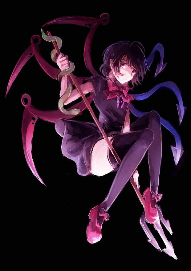 1girl asymmetrical_wings bangs black_dress black_hair black_legwear bow bowtie closed_mouth dress gun holding holding_gun holding_weapon houjuu_nue knees_up looking_at_viewer midair nooca pointy_ears polearm red_bow red_bowtie red_eyes red_shoes shoe_bow shoes short_dress short_hair short_sleeves simple_background skirt solo thigh-highs touhou trident weapon wings zettai_ryouiki