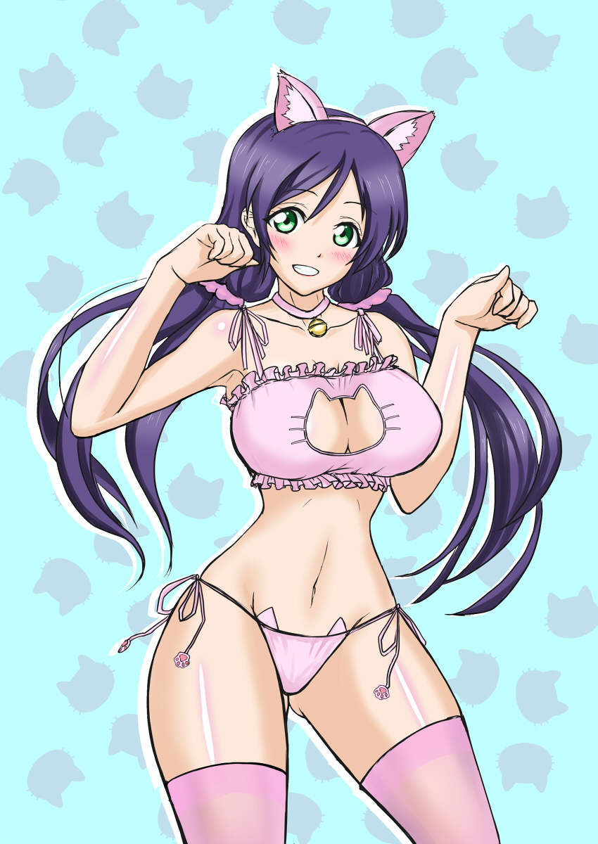 1girl animal_ears armpits bell bell_choker blush bra breasts cat_cutout cat_ear_panties cat_ears cat_lingerie choker cleavage cleavage_cutout collarbone cowboy_shot fake_animal_ears frilled_bra frills gluteal_fold green_eyes grin groin hair_between_eyes hairband highres jingle_bell large_breasts long_hair looking_at_viewer love_live! love_live!_school_idol_project low_twintails meme_attire navel nyantamaran panties paw_pose pink_bra pink_legwear pink_panties purple_hair side-tie_panties smile solo stomach thigh-highs toujou_nozomi twintails underwear underwear_only
