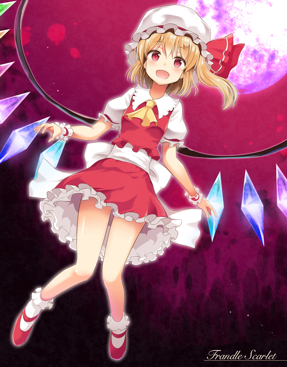 1girl blonde_hair crystal flandre_scarlet full_moon hat highres mob_cap moon open_mouth pen-zin puffy_short_sleeves puffy_sleeves red_eyes short_sleeves side_ponytail solo the_embodiment_of_scarlet_devil touhou wings wrist_cuffs