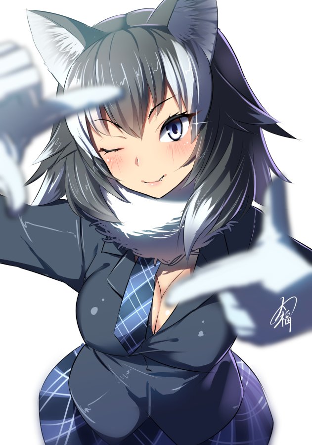 animal_ears ayagi_daifuku blush breasts cleavage coat fang fur_collar gloves gradient_hair grey_wolf_(kemono_friends) kemono_friends large_breasts long_hair long_sleeves looking_at_viewer multicolored_hair one_eye_closed pleated_skirt pose simple_background skirt smile two-tone_hair white_background white_hair wolf_ears