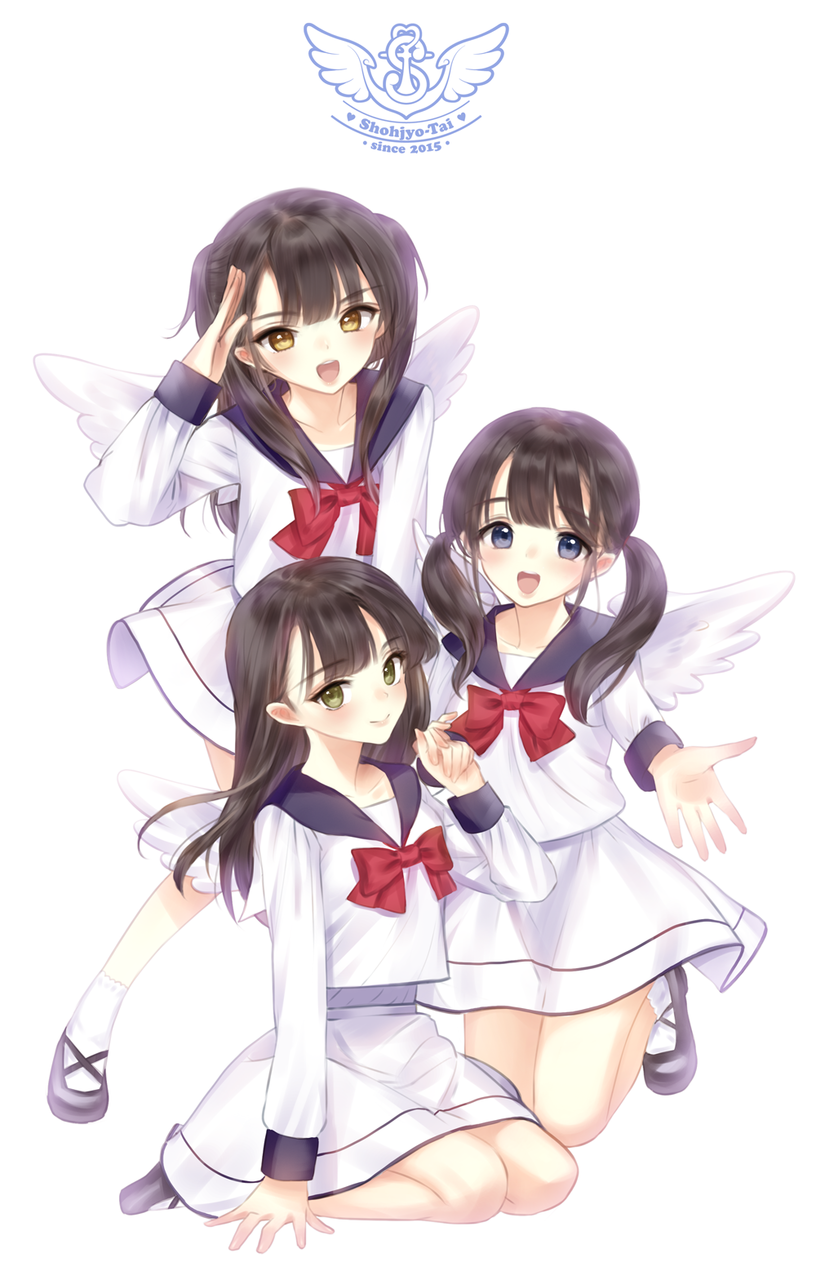2015 3girls :d bangs black_hair blue_eyes blush brown_eyes closed_mouth copyright_request eyebrows_visible_through_hair green_eyes highres kneeling legs_apart long_hair looking_at_viewer low_twintails multiple_girls open_mouth outstretched_arm sailor_collar salute school_uniform serafuku simple_background skirt smile standing teeth tsukigami_runa twintails white_background white_skirt
