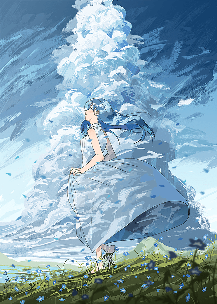 1girl agas_(vpwt7475) blue_hair clouds day dress floating_hair flower from_side grass long_hair looking_up original outdoors parted_lips smile solo sundress white_dress wind