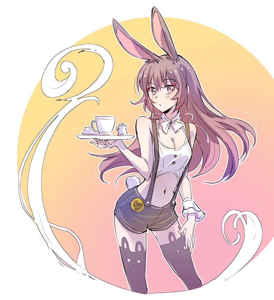 1girl animal_ears bare_shoulders blush bow bowtie breasts brown_eyes brown_hair bunny_girl bunny_tail buttons cleavage commentary_request cream cup iesupa long_hair looking_at_viewer medium_breasts navel rabbit_ears rwby shorts solo standing sugar_cube suspender_shorts suspenders tail teacup tray velvet_scarlatina waitress