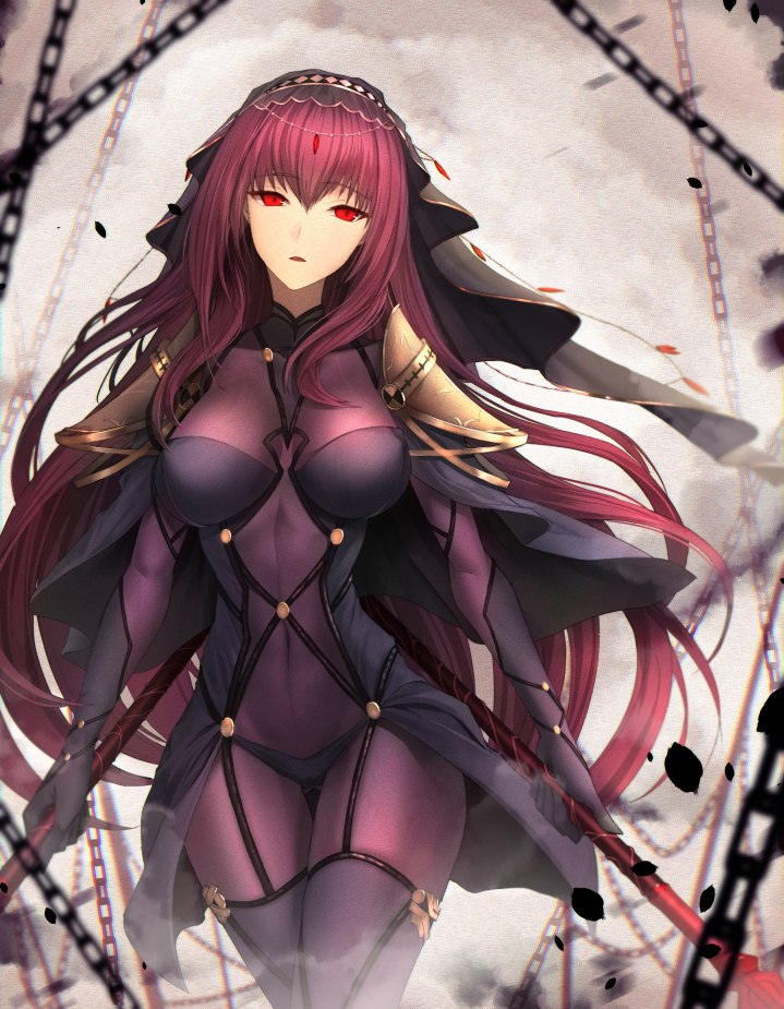 1girl chains covered_navel cowboy_shot dual_wielding fate/grand_order fate_(series) gluteal_fold jewelry limeblock long_hair looking_at_viewer navel parted_lips polearm purple_hair red_eyes scathach_(fate/grand_order) see-through skin_tight solo spaulders spear veil walking weapon wind