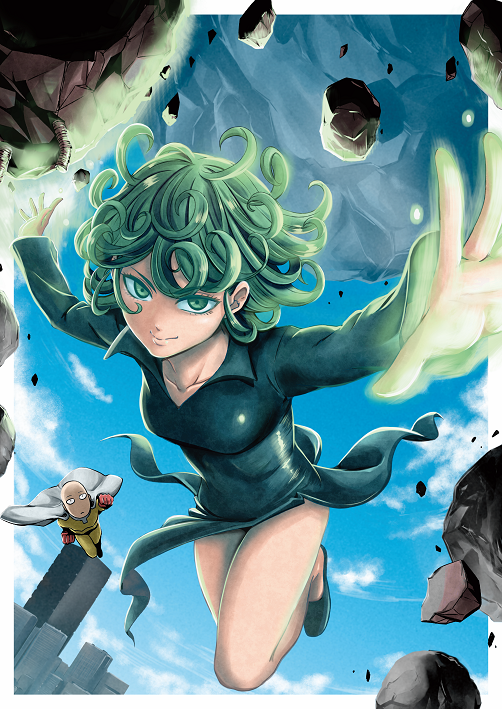 1boy 1girl bald blank_eyes breasts cape clouds commentary_request day dress green_eyes green_hair kiyosumi_hurricane looking_at_viewer medium_breasts one-punch_man outstretched_arms saitama_(one-punch_man) short_hair smile tatsumaki