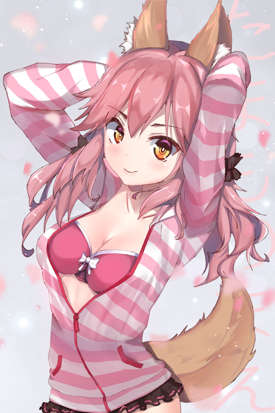 1girl animal_ears bow bra breasts cleavage collarbone fate/extra fate_(series) fox_ears fox_tail hair_bow highres ilxodidli large_breasts light_smile looking_at_viewer open_clothes open_shirt pink_bra pink_hair shirt solo tail tamamo_(fate)_(all) tamamo_no_mae_(fate) underwear yellow_eyes