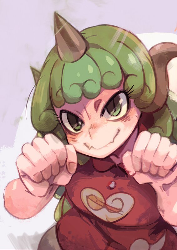 1girl alternate_hair_color bangs bare_arms breasts buttons cloud_print collared_shirt cowboy_shot curly_hair eyelashes facing_viewer fangs fangs_out fingernails from_above green_eyes green_hair heart horn komano_aunn koutamii long_hair paw_pose red_shirt shirt shoes short_sleeves small_breasts smile solo standing touhou tsurime white_shoes