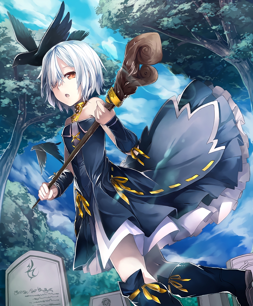 1girl artist_request bare_shoulders bird boots cygames dress flat_chest frills graveyard hair_over_one_eye official_art orange_eyes raven_(animal) ribbon shadowverse shingeki_no_bahamut short_hair sonia_(shadowverse) staff tombstone tree white_hair