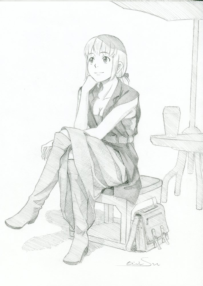 1girl artist_name bag belt boots breasts cafe chin_rest cleavage closed_mouth collarbone commentary_request dress eiri_su full_body knee_boots legs_crossed light_smile long_hair looking_away looking_up low_ponytail medium_breasts monochrome original outdoors signature silhouette sitting sketch solo stool table umbrella