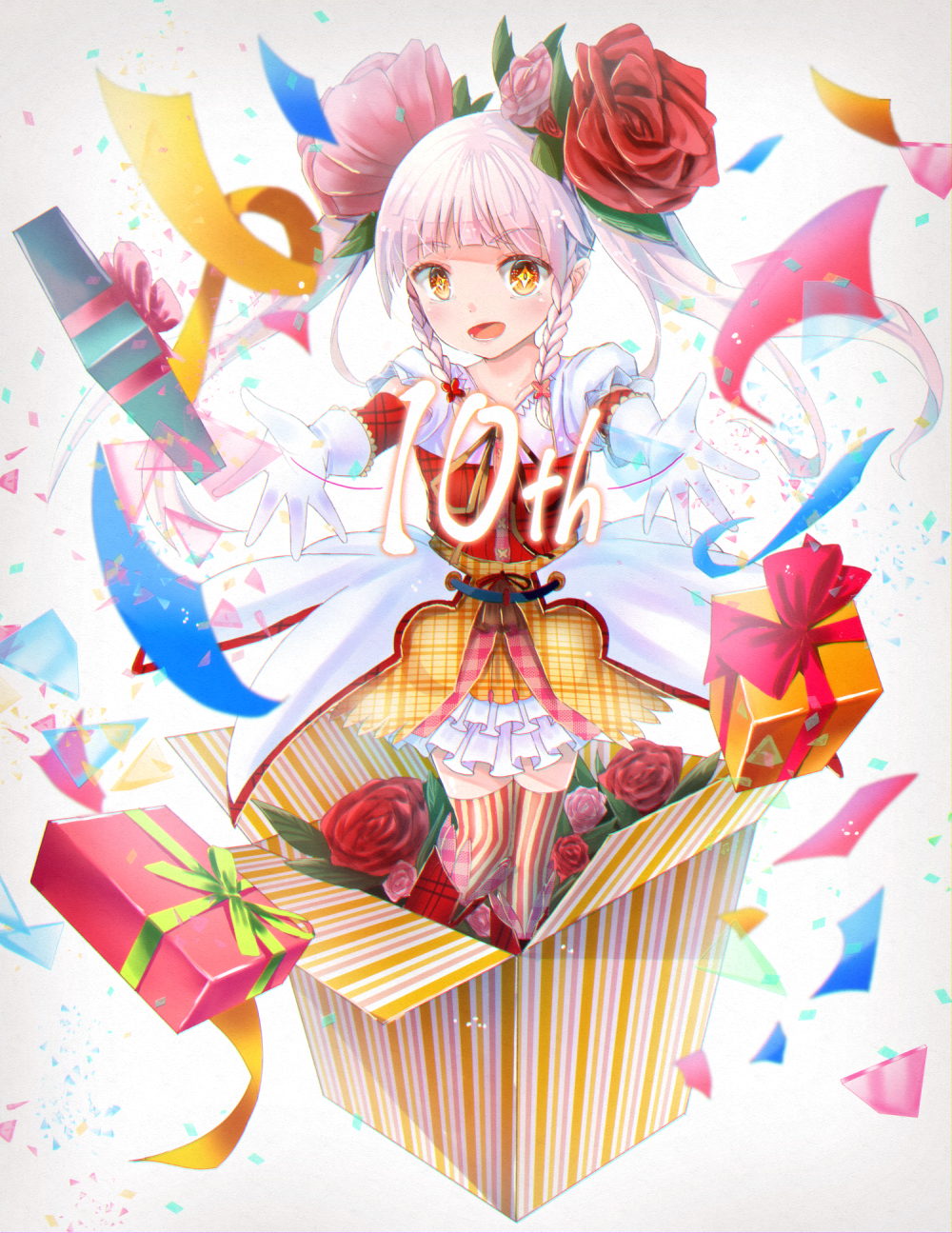 1girl :o box braid confetti cyanomirahi dress flower gift gloves grey_hair hair_flower hair_ornament highres in_box in_container outstretched_arms pink_hair pocketland rose short_twintails solo standing striped striped_legwear thigh-highs twintails vertical_stripes white_gloves white_hair yellow_dress