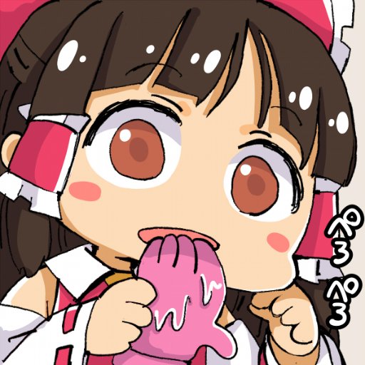 1girl blush_stickers brown_hair chibi chikado d: detached_sleeves expressionless female_pervert glove_in_mouth gloves hakurei_reimu licking looking_at_viewer mouth_hold open_mouth pervert pink_gloves red_eyes solo touhou translated