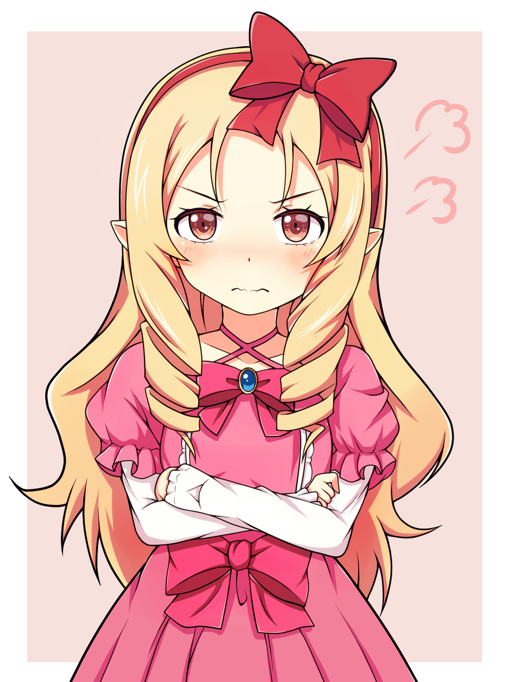 1girl :s blonde_hair blush bow brown_eyes closed_mouth crossed_arms dress dress_bow drill_hair eromanga_sensei eyebrows frilled_dress frills gem hair_bow headband highres long_hair long_sleeves looking_at_viewer pink_bow pink_dress pointy_ears red_bow solo tokitoki_(commando) yamada_elf