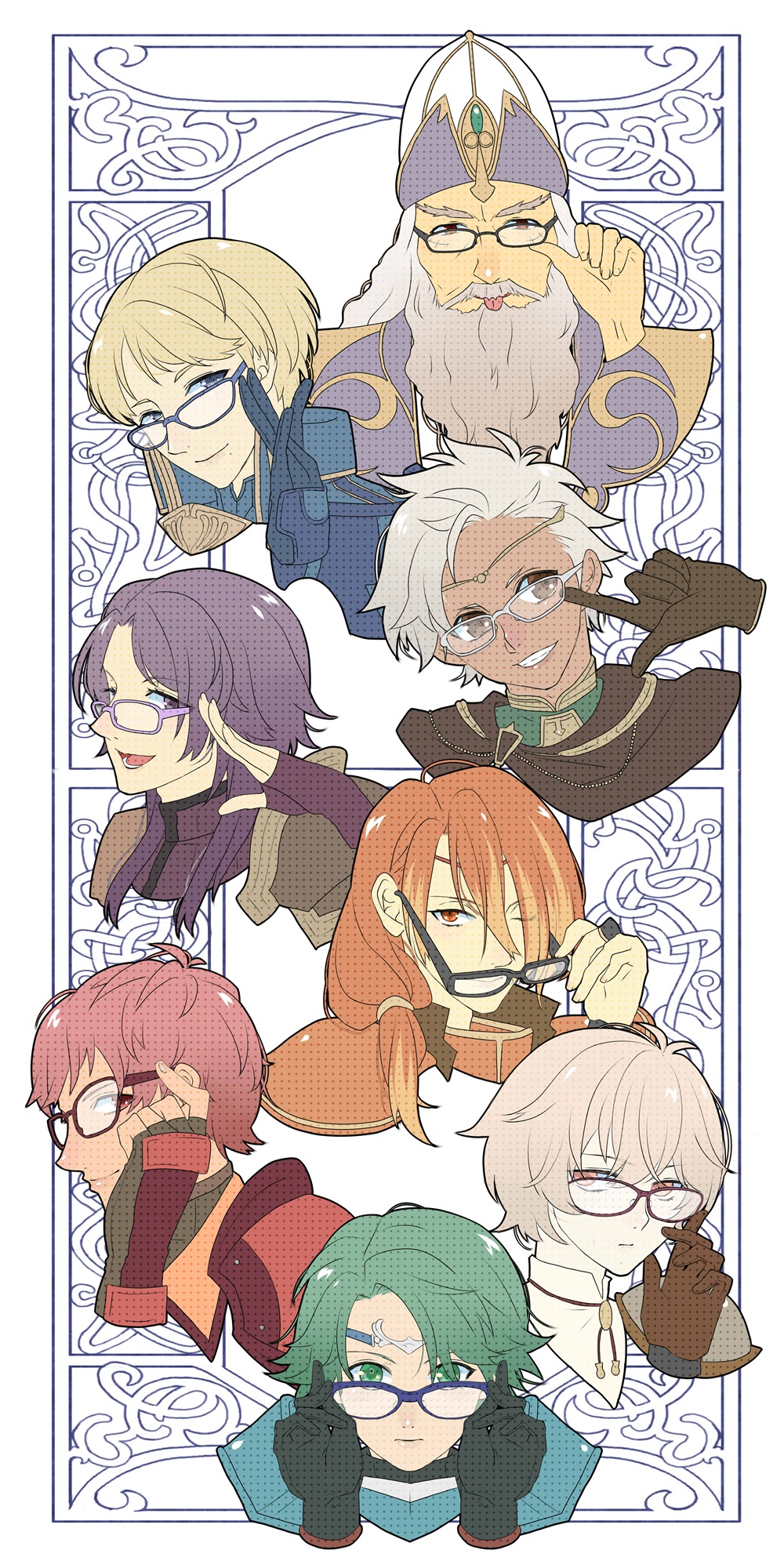 6+boys alm_(fire_emblem) beard blonde_hair blue_eyes boey_(fire_emblem) brown_eyes circlet cleive dark_skin facial_hair fire_emblem fire_emblem_echoes:_mou_hitori_no_eiyuuou glasses gloves green_eyes green_hair hat headband highres kaiji0324 kliff_(fire_emblem) leo_(fire_emblem) long_hair lukas_(fire_emblem) luthier_(fire_emblem) male_focus mole mole_under_mouth multicolored_hair multiple_boys nomah_(fire_emblem) one_eye_closed orange_eyes orange_hair pink_eyes portrait purple_hair red_eyes redhead teeth tongue tongue_out two-tone_hair violet_eyes white_hair