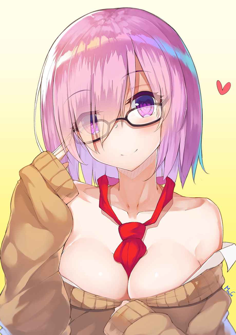 1girl adjusting_glasses bare_shoulders breasts cleavage commentary_request eyebrows_visible_through_hair eyes_visible_through_hair fate/grand_order fate_(series) glasses gradient gradient_background hair_over_one_eye heart highres looking_at_viewer medium_breasts mhong necktie purple_hair shielder_(fate/grand_order) short_hair sleeves_past_wrists smile solo upper_body violet_eyes