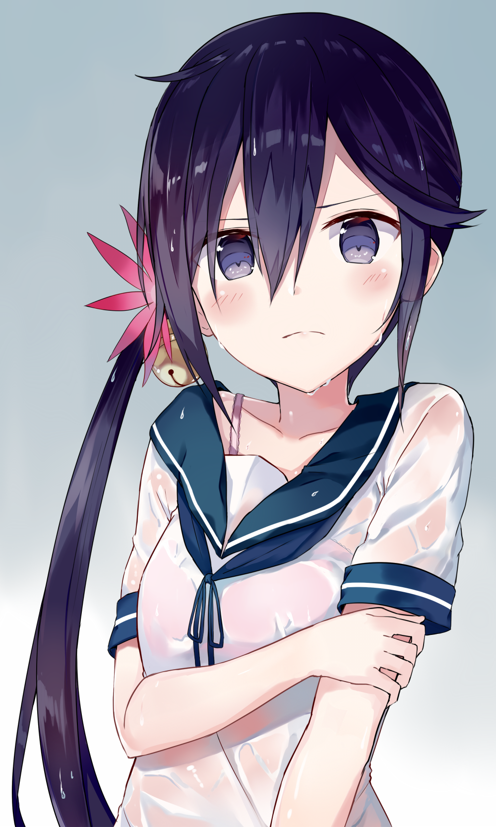 &gt;:( 1girl akebono_(kantai_collection) asymmetrical_hair bell blush bra bra_strap closed_mouth collarbone commentary_request flower gradient gradient_background grey_background hair_bell hair_between_eyes hair_flower hair_ornament hand_on_own_arm highres jingle_bell kantai_collection long_hair looking_at_viewer pink_bra purple_hair revision sailor_collar school_uniform see-through serafuku shikuro_(iorimiyakiyo) short_sleeves side_ponytail solo underwear upper_body very_long_hair violet_eyes wet wet_clothes
