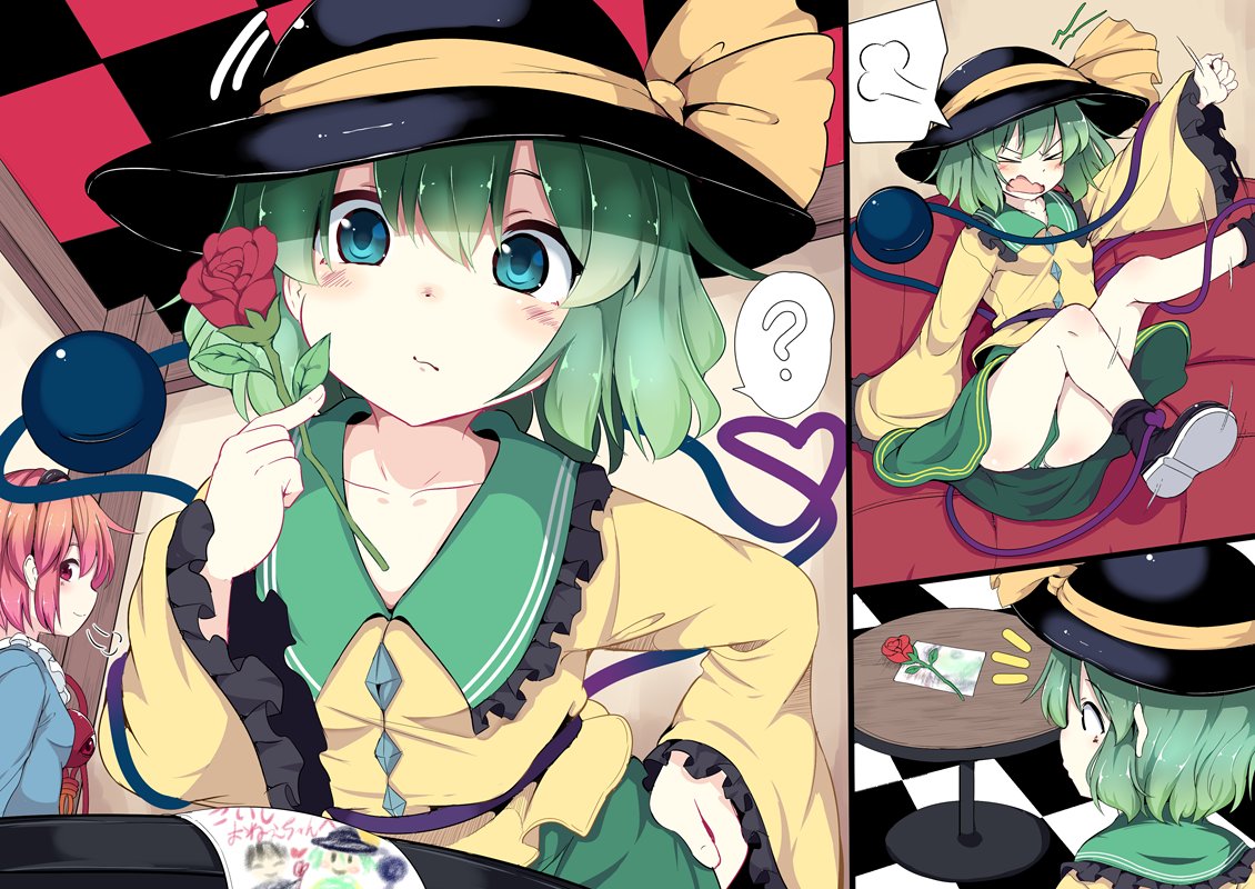 &gt;_&lt; /\/\/\ 2girls 3koma =3 ? bangs black_hat black_shoes blue_eyes blush bow checkered checkered_floor closed_eyes closed_mouth collarbone comic commentary_request couch flower frilled_sleeves frills green_eyes green_skirt hair_between_eyes hand_on_hip hat hat_bow heart heart_of_string holding holding_flower indoors komeiji_koishi komeiji_satori lolimate long_sleeves motion_lines multiple_girls open_mouth panties pantyshot pantyshot_(sitting) pink_eyes pink_hair rose shoes short_hair sitting skirt smile spoken_question_mark table tantrum third_eye touhou underwear white_panties wide_sleeves yellow_bow