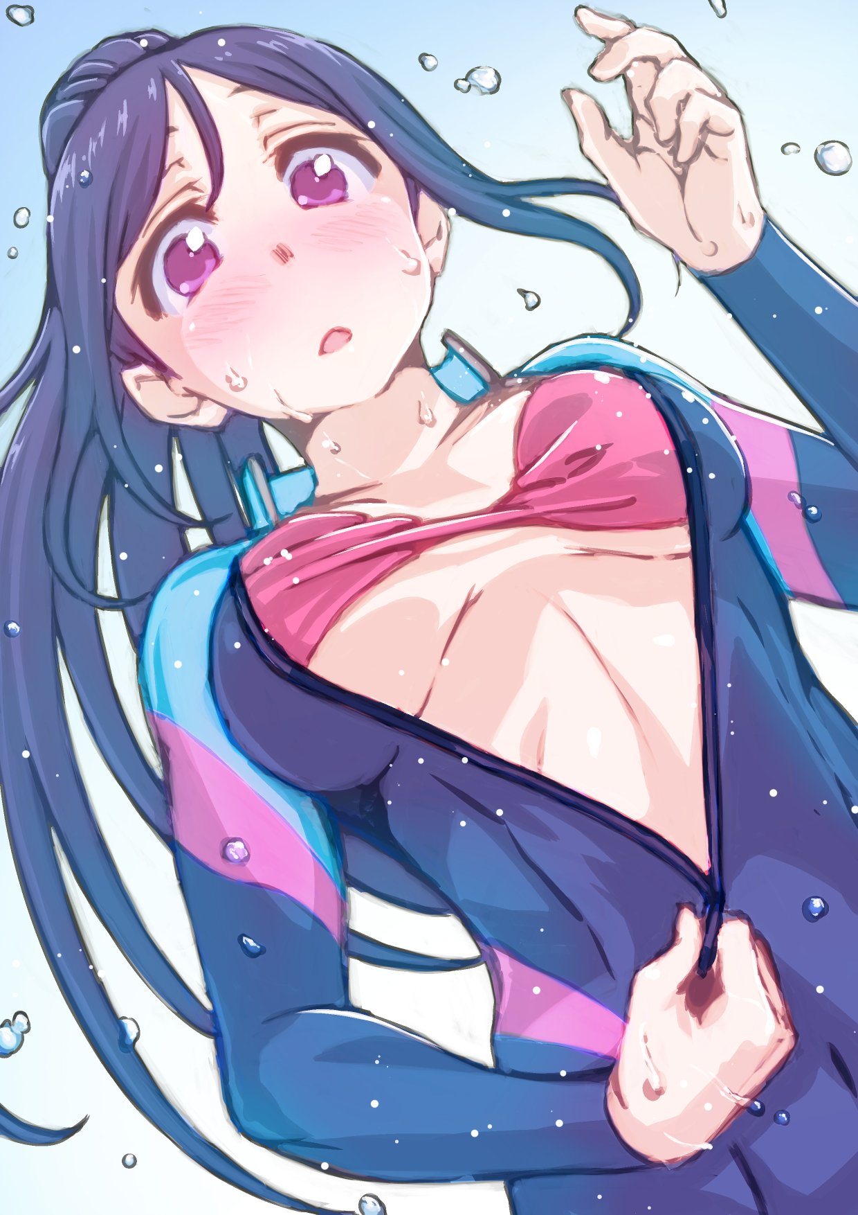 1girl ayumu-k bikini bikini_top blue_hair blush breasts dutch_angle from_below highres long_hair looking_at_viewer love_live! love_live!_sunshine!! matsuura_kanan medium_breasts pink_bikini ponytail solo swimsuit under_boob unzipping violet_eyes water_drop wet wetsuit